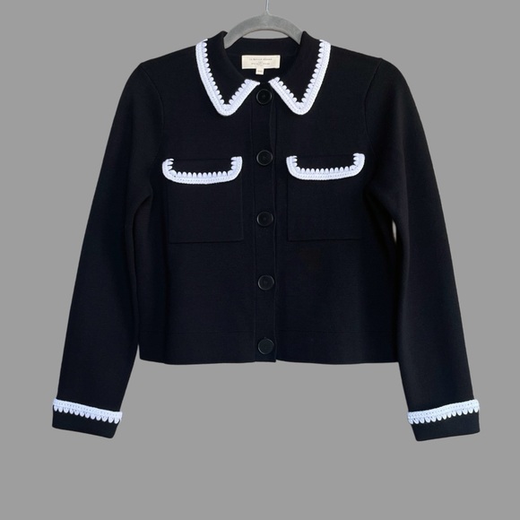 SEZANE Black Merino Wool Knit Collared Betty Cardigan w/ White Crochet Details - Picture 5 of 17